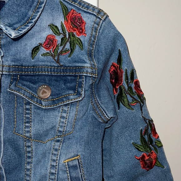 Kids Blue Jean Jacket with Red Floral Design - Embroidered Red Roses - Picture 3 of 5